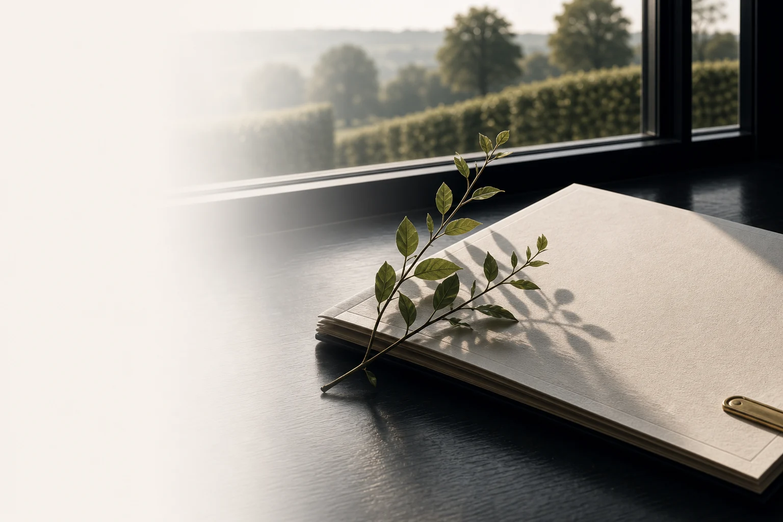 An ivory decision brief with a hedgerow branch beside an English-country view.